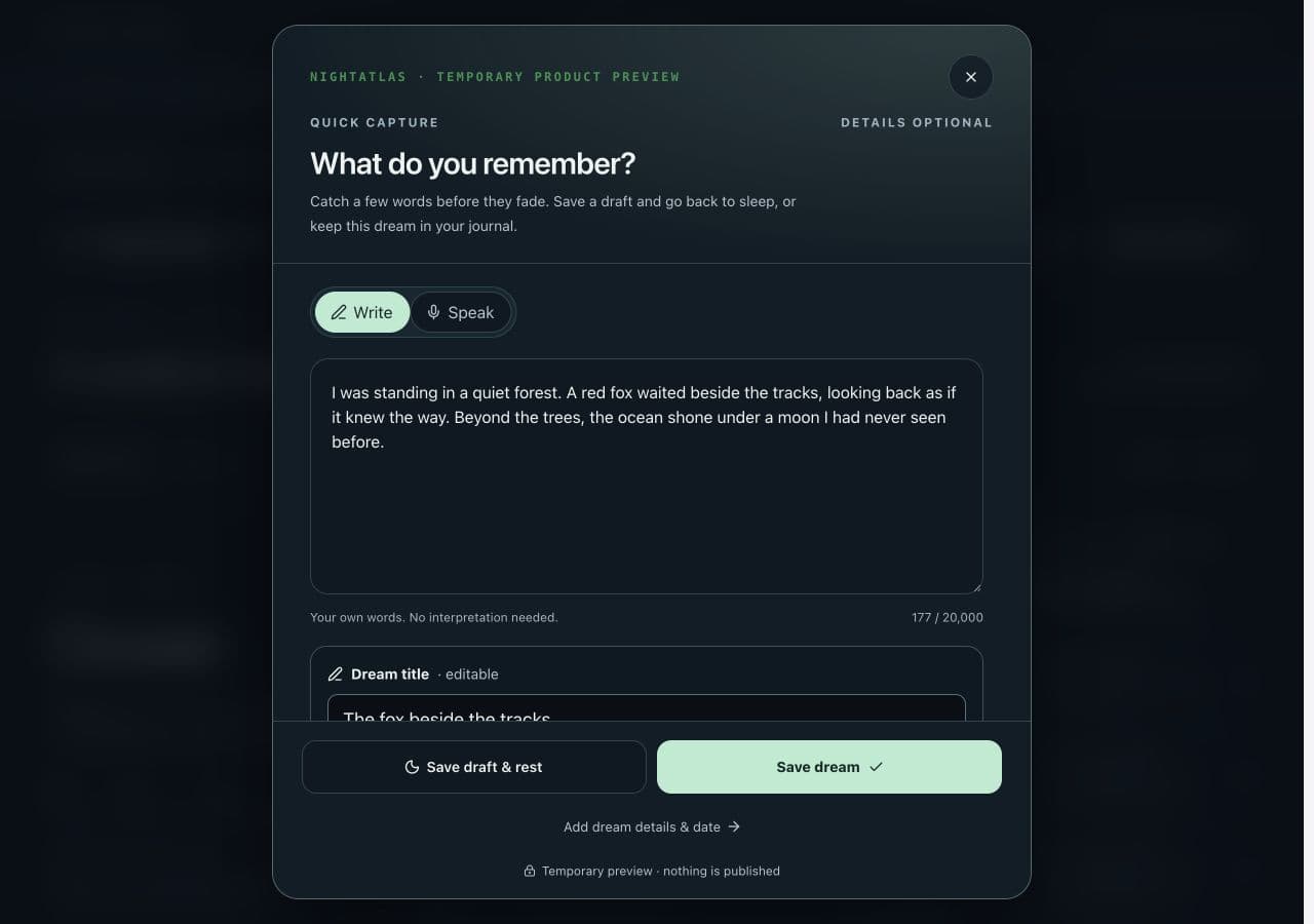 NightAtlas's actual dream entry screen, with title, writing and voice options, and an editable story field